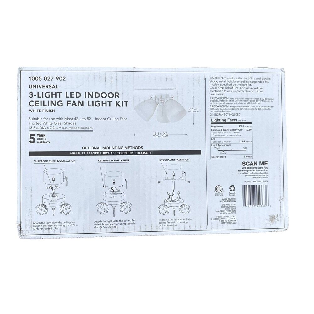 Hampton Bay 3-Light White Ceiling Fan Shades LED Light Kit, #1005 027 902 - Picture 3 of 5